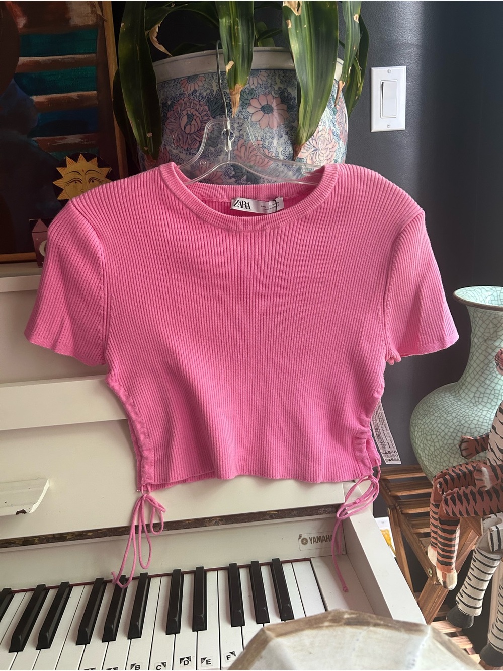 ZARA Hot Pink Ribbed Drawstring Crop Top Short Sleeve Y2K Women’s Small Tee